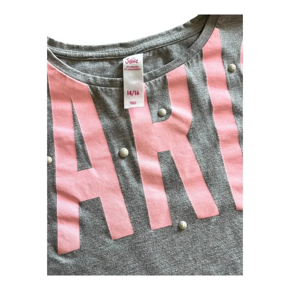 JUSTICE Girls 14/16 Cropped PARIS TEE Shirt Pearl Accents Pink Gray Barbiecore!